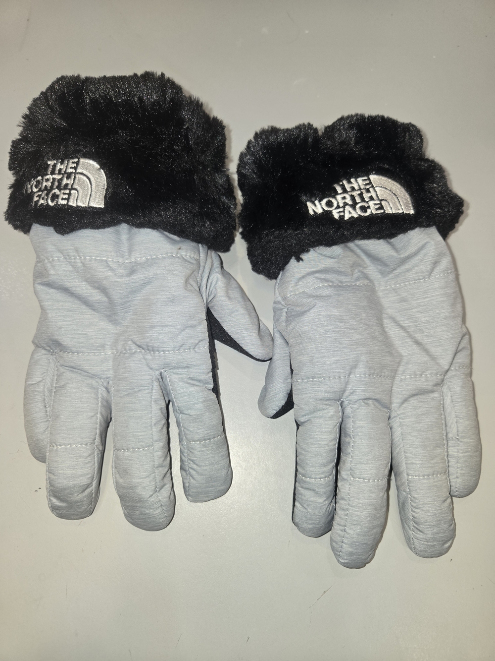 The North Face Light Gray Winter Gloves with Black Faux Fur Cuffs